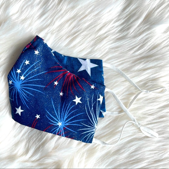 Glitter Fireworks Patriotic Stars Reversible Mask with Adjustable Straps, USA - Picture 1 of 6